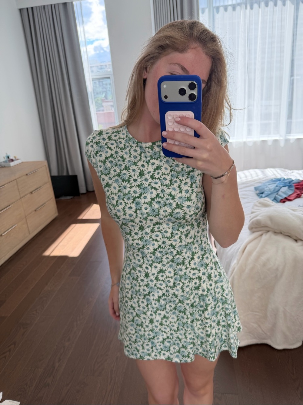 Reformation Green and White Daisy-Print Mini Dress